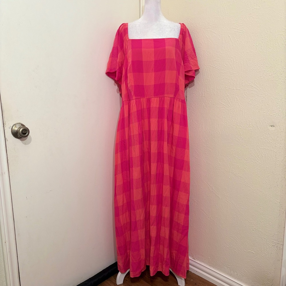 NWT Pink Orange Plaid Maxi Dress Square Neck Flutter Sleeve Sz 20 Boho Cottage